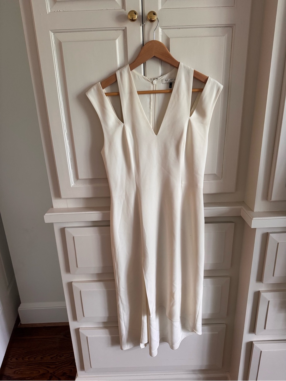 Halston Heritage Cream V-Neck Cap-Sleeve High-Low Dress